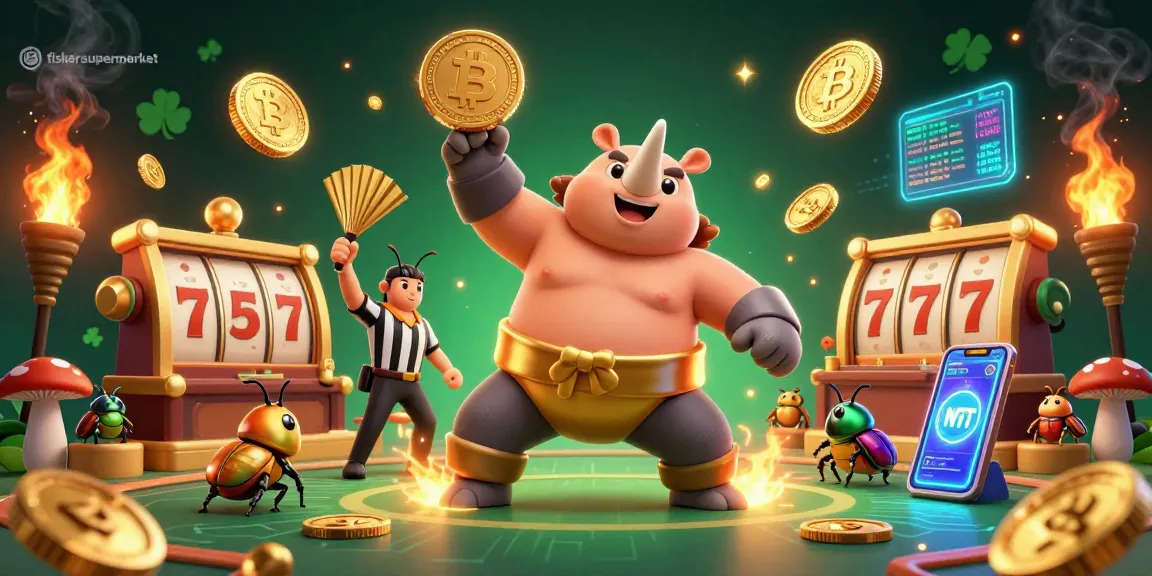 Win big with fishersupermarket slots featuring 3D characters amidst dynamic coins and gaming elements.