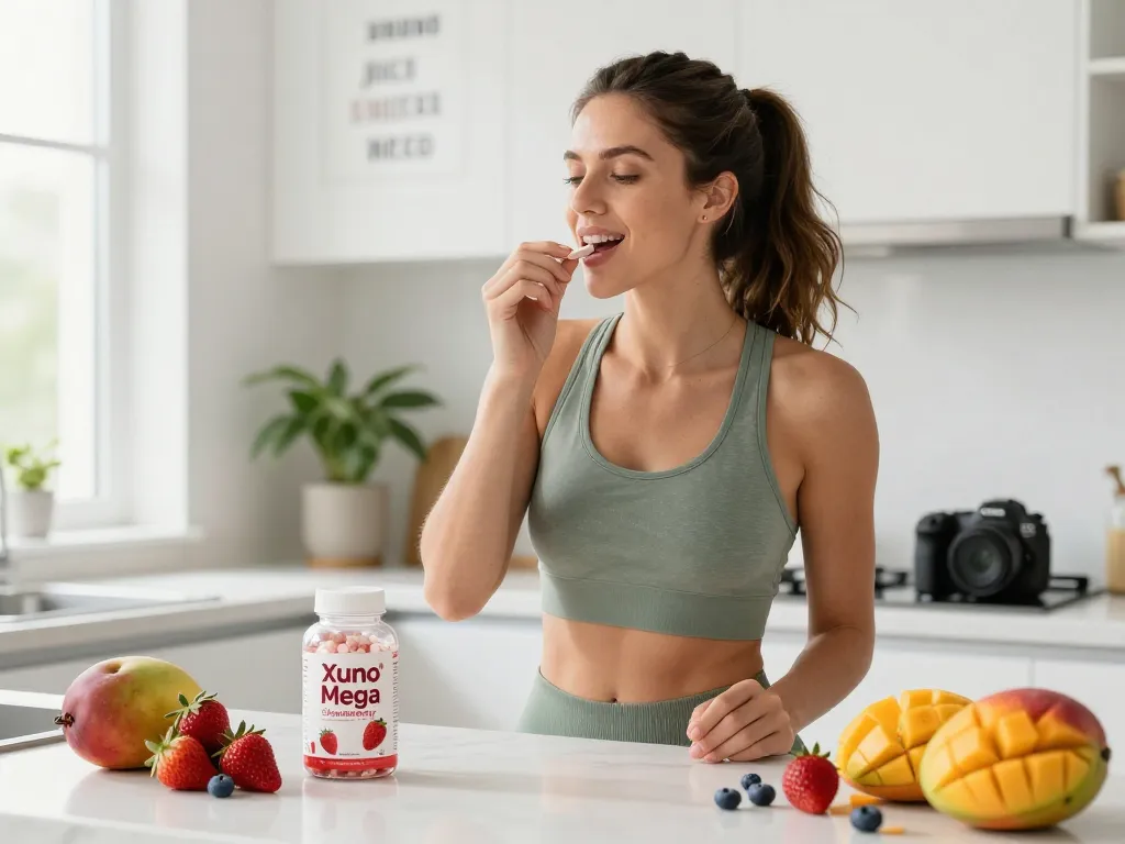 Xuno Mega Strawberry tablet being taken in a bright kitchen filled with fresh fruits, symbolizing health.