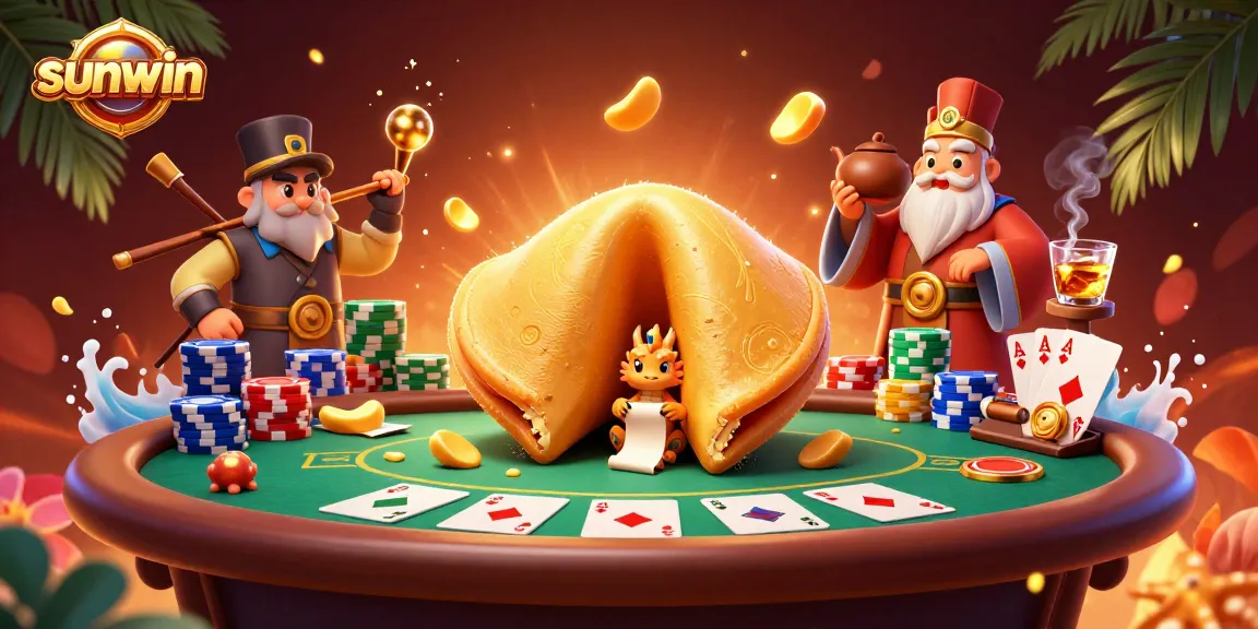 Play exciting casino games like sunwin while enjoying the vibrant, rich 3D illustration of a giant fortune cookie and poker elements.