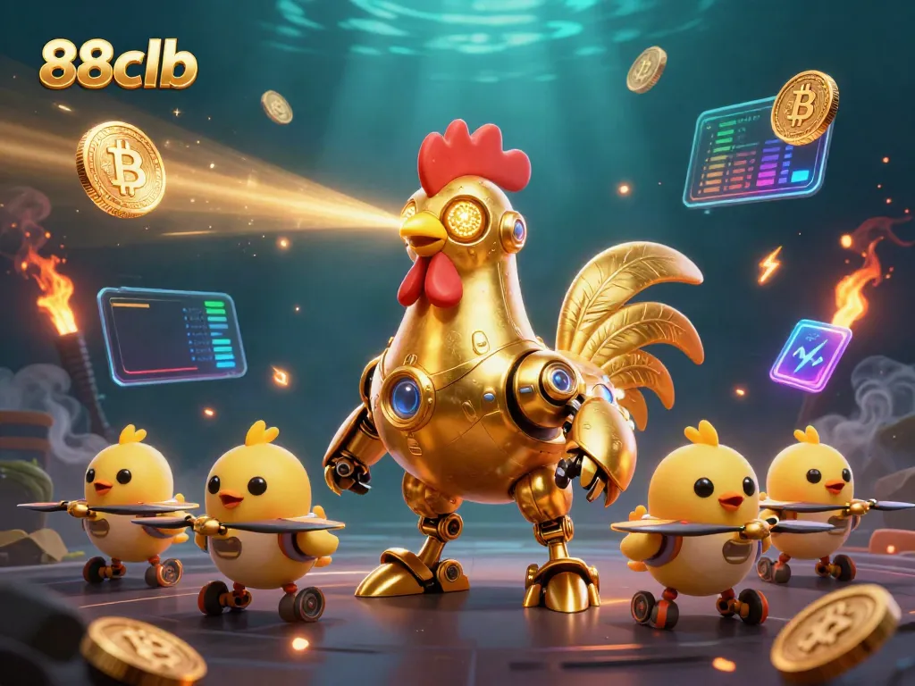 Engage with 88clb in this vibrant 3D illustration showcasing a golden rooster robot amidst crypto elements and casino games.