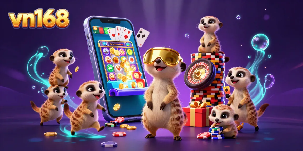 Engage with vn168's vibrant casino experience featuring meerkats, chips, and exciting gaming elements.