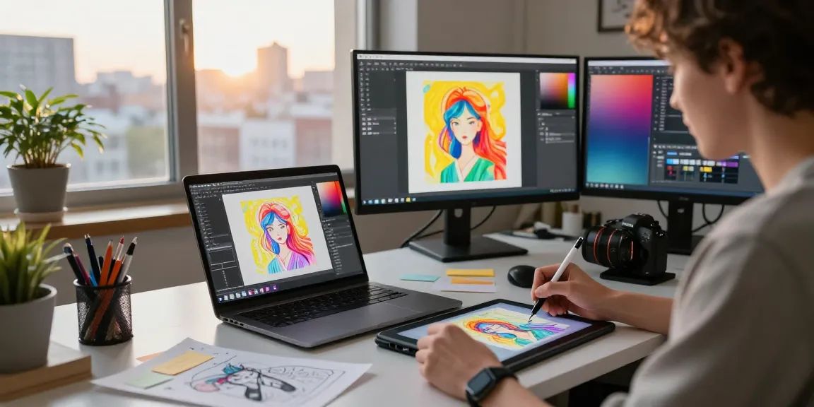 Digital artist using the nano banana 2 AI image editor in a vibrant creative workspace, surrounded by artworks and modern technology.