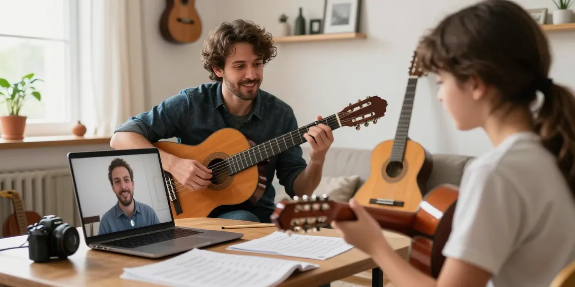 classical guitar teacher online instructing a student during remote lesson with warm, inviting atmosphere