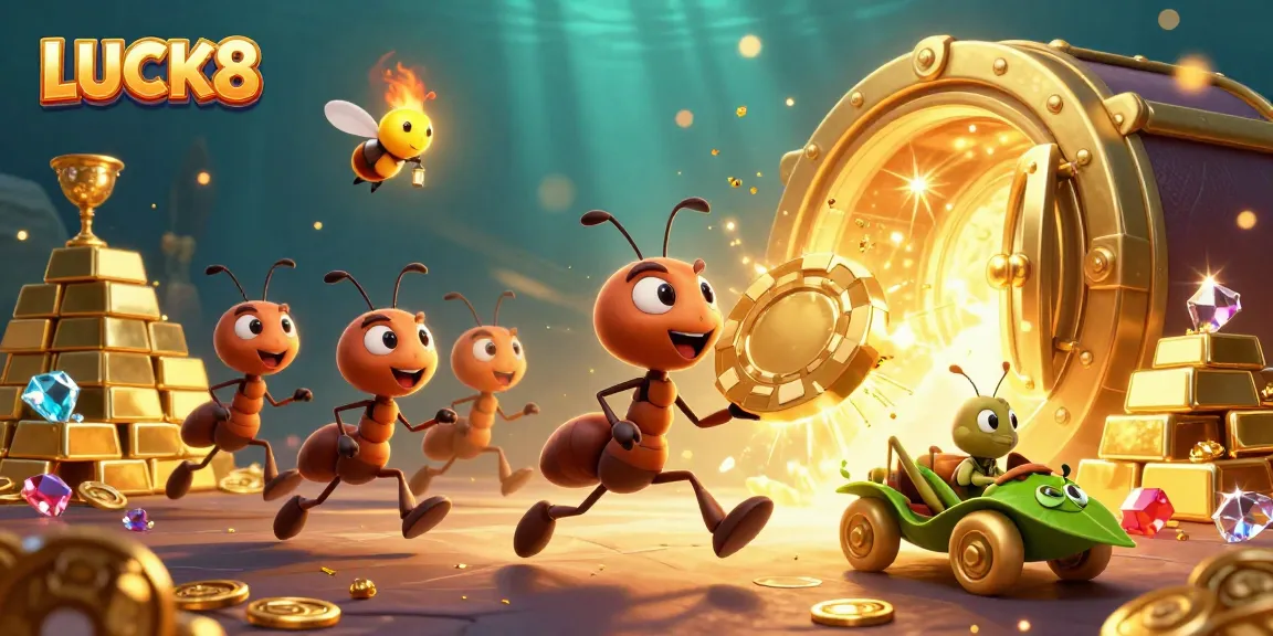 Experience thrilling gaming with LUCK8 as ants carry a giant poker chip in vibrant casino heist.