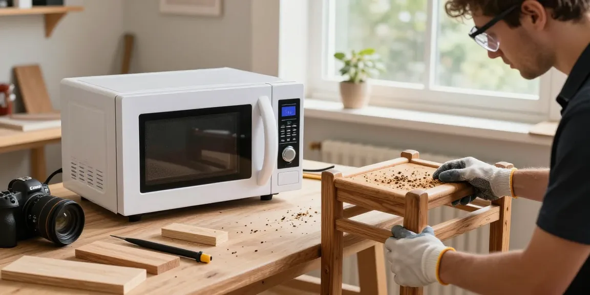 Shashel microwave device in action treating wood against pests in a workshop.