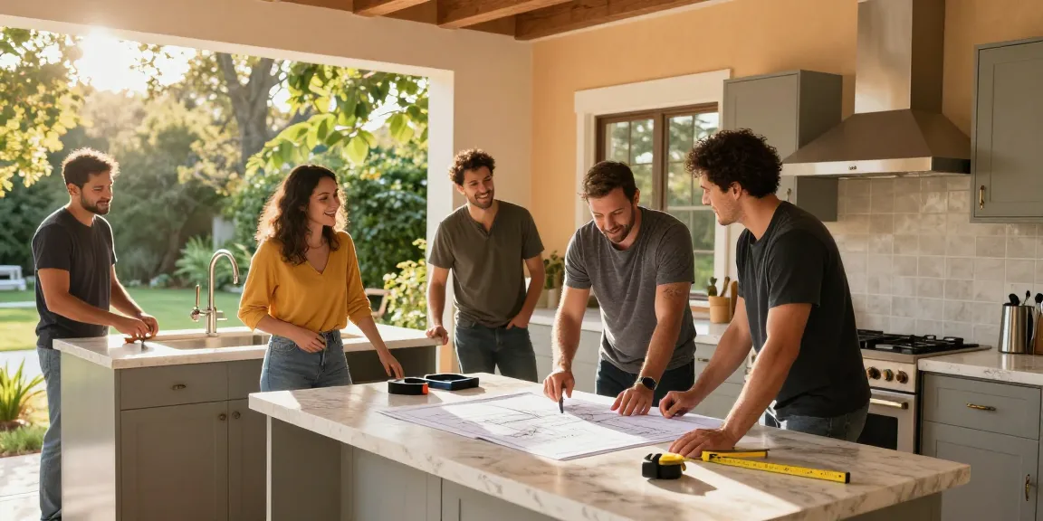 Kitchen remodeling scene showcasing modern style with contractors discussing plans and beautiful design elements.
