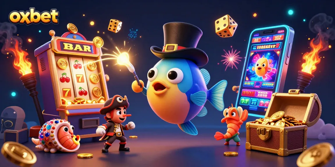 Showcasing oxbet's vibrant casino theme, a playful anglerfish attracts golden coins amidst slot symbols.