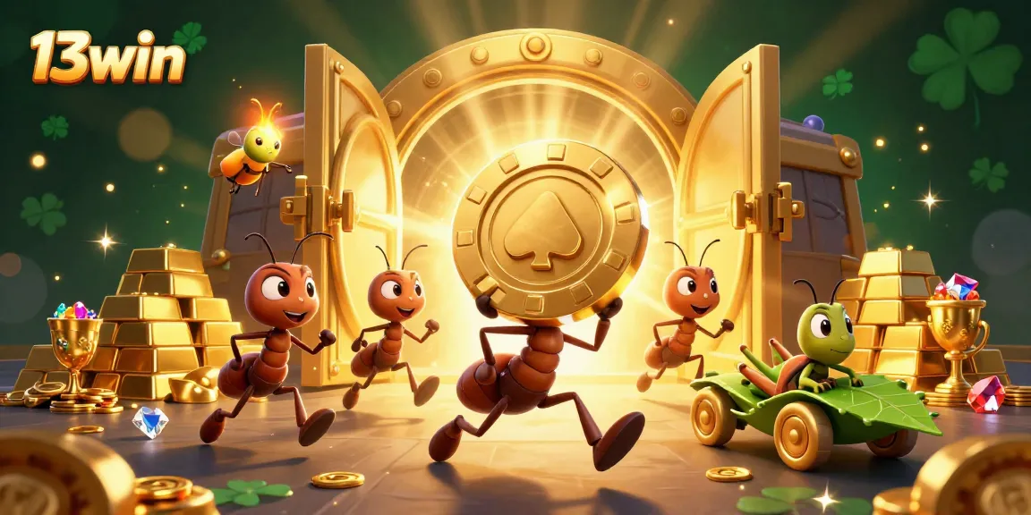 Experience a thrilling 13win heist with 3D ants carrying a giant poker chip and treasures.