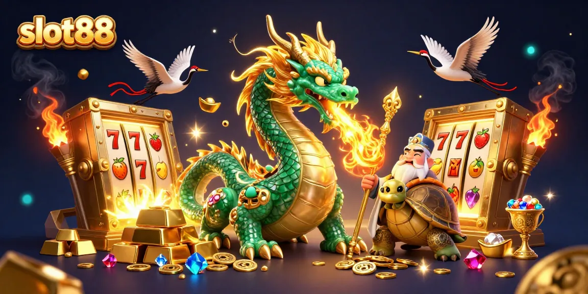 Menangkan jackpot dengan slot88 sambil dikelilingi oleh naga, kura-kura, dan burung keberuntungan.