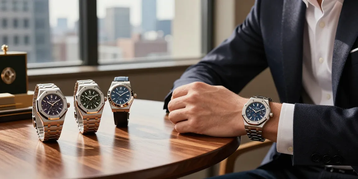 Luxury enthusiast showcasing replica watches in an elegant urban setting.