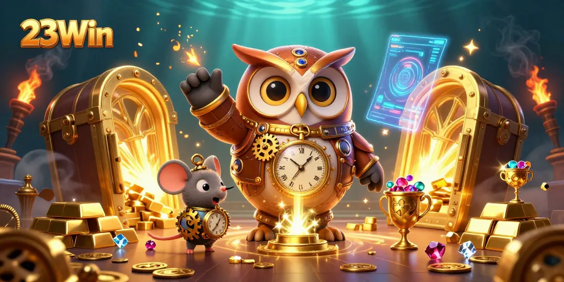 Experience the thrilling world of 23Win with vibrant casino elements and winning treasures.