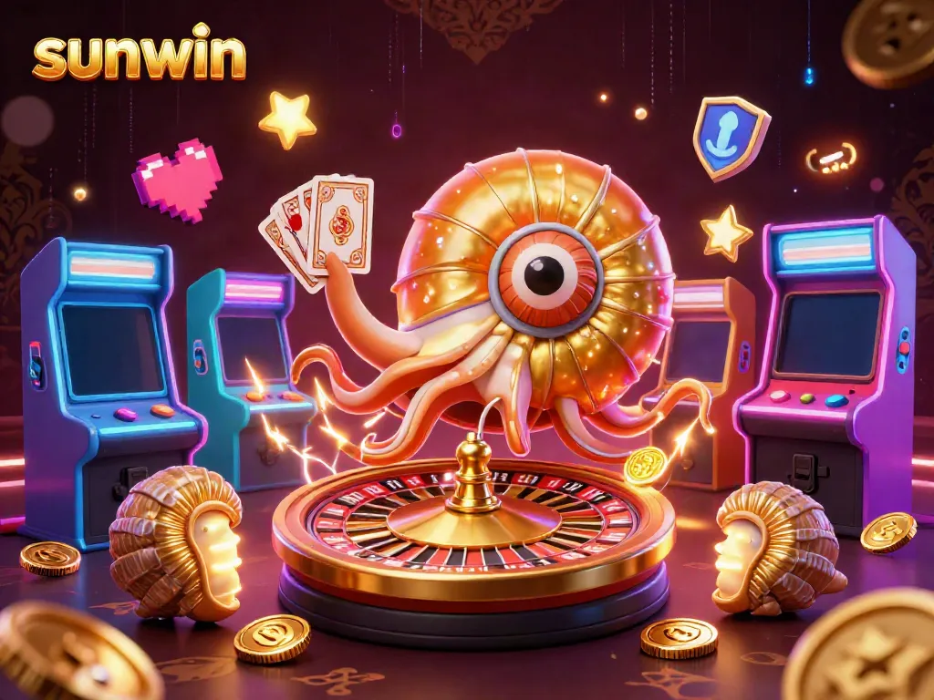 Experience thrilling gameplay at sunwin with a vibrant 3D nautilus casino scene featuring cards and glowing game elements.
