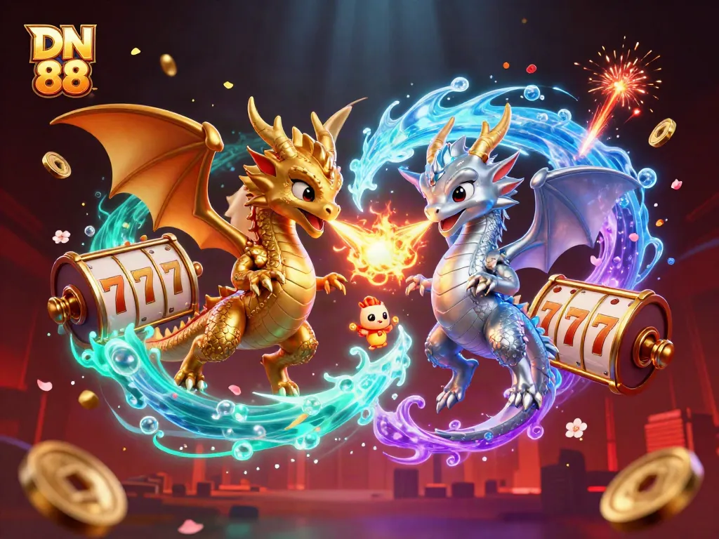 Engage with DN 88's thrilling slot experience featuring golden and silver dragons amidst rich casino elements.