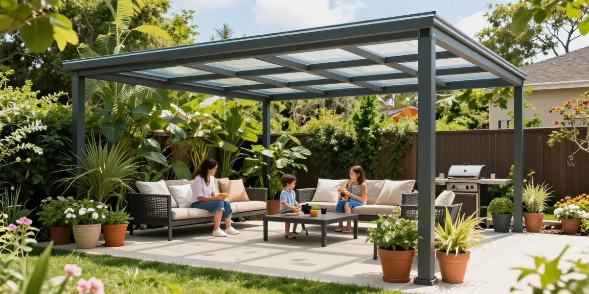 Moderne freistehende Terrassenüberdachung mit Familie im Garten bei sonnigem Wetter.