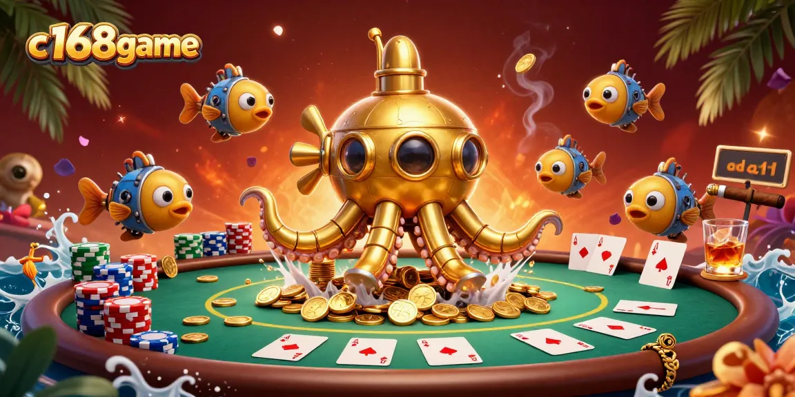 Play and win at c168game with a stunning 3D illustration showing a kraken submarine amidst casino elements.