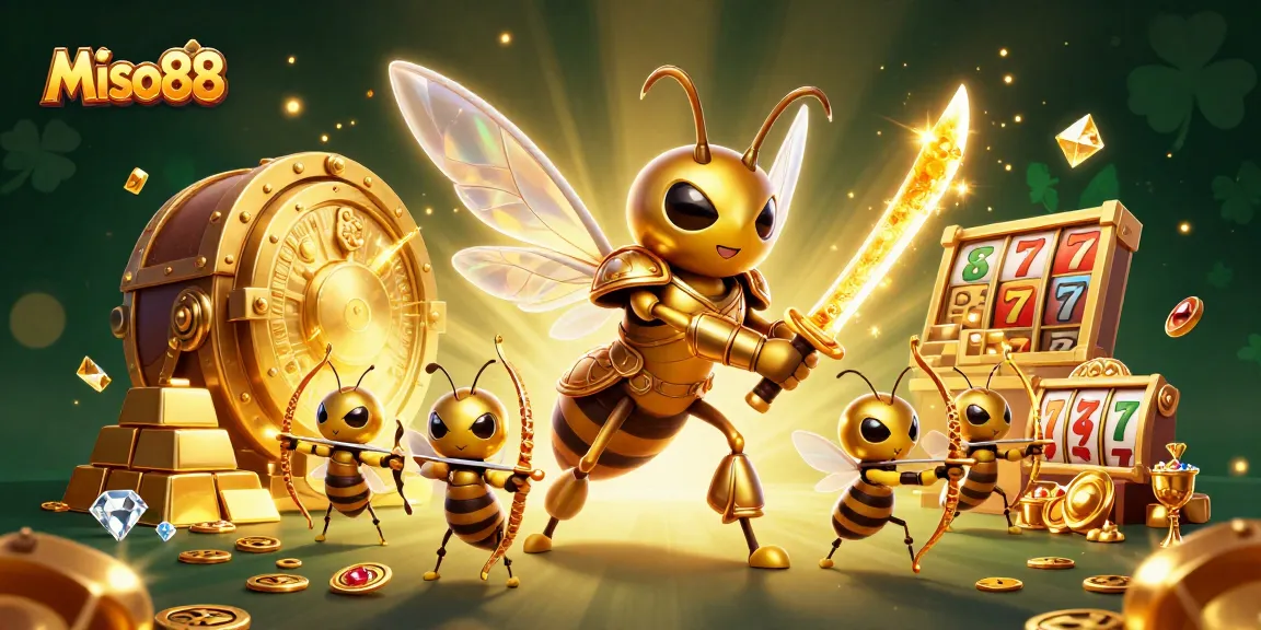 Experience thrilling wins with Miso88, featuring a vibrant 3D casino scene full of jackpots and treasures.