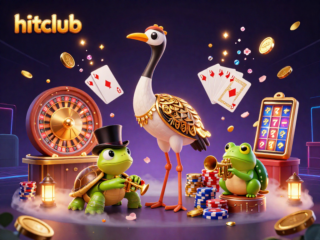 Hitclub casino illustration showcasing vibrant gambling action with characters and game elements.