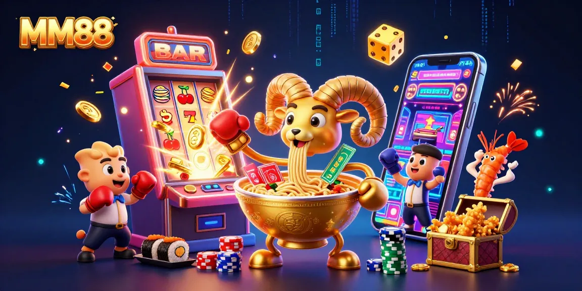 Play exciting MM88 games with vibrant characters surrounded by jackpots and casino elements.