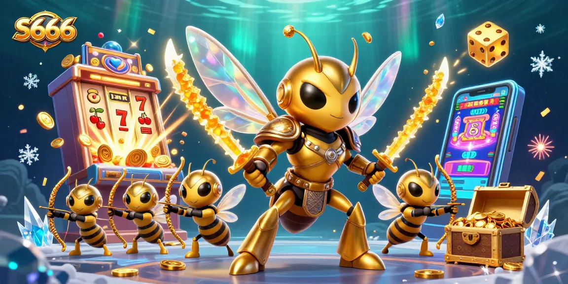 S666 players winning big with colorful casino games and a giant samurai hornet!