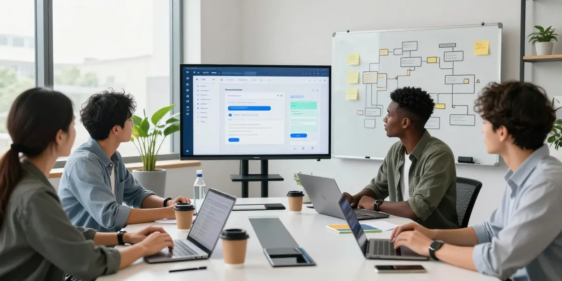 Engaged professionals building internal tools with AI in a collaborative workspace.