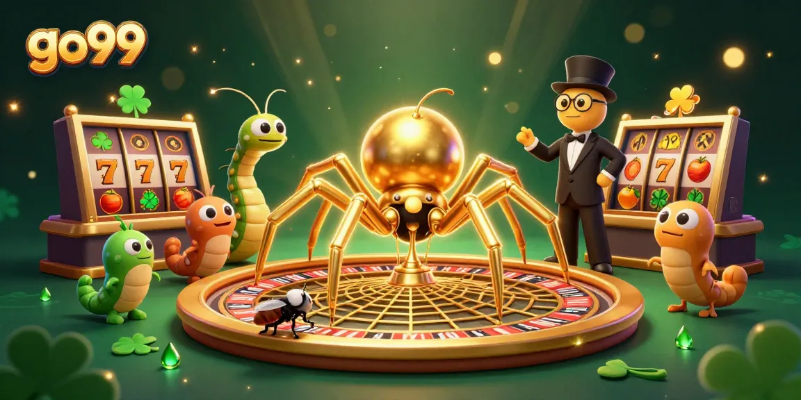 Experience the thrill at go99 with a cartoon spider and centipede croupier in a dazzling casino scene.