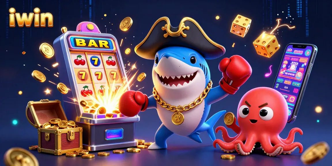 Win big with iwin games featuring 3D pirate shark, pufferfish, and octopus in a vibrant casino scene.