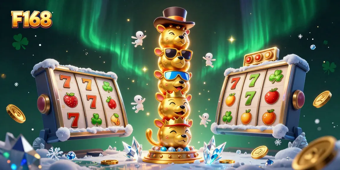 Win big at F168 with a lively 3D casino scene featuring a golden totem and engaging slot game elements.