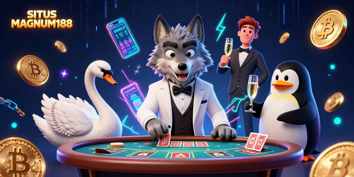 Experience thrilling gameplay at SITUS MAGNUM188 with a vibrant casino atmosphere featuring a debonair wolf and elegant characters.