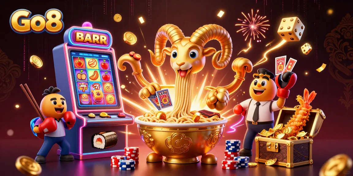 Win big at Go8 with a dynamic casino scene featuring vibrant characters and exciting game elements.