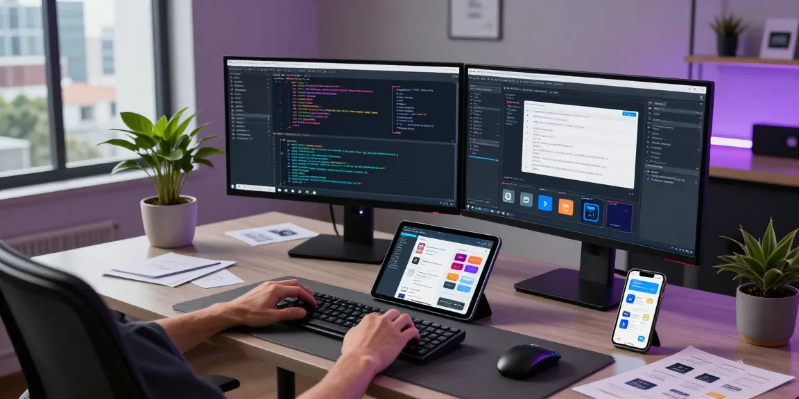 WPS Download in a modern tech workspace showcasing coding activities and app design.