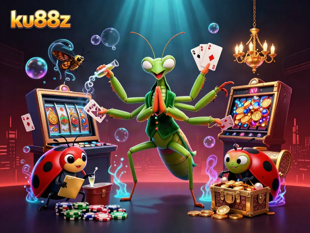 Experience the vibrant energy of ku88z with a 3D scene showcasing a unique casino character theme featuring engaging elements like slot reels and a treasure chest.