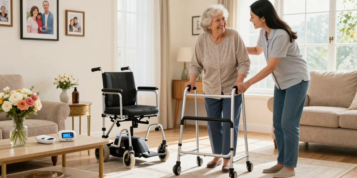 Engaging scene of buying nobility aids with elderly woman using a walker in a bright living room