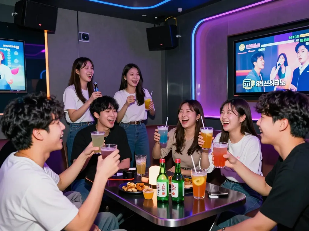 친구들과 함께 인천쓰리노의 활기찬 야경 속에서 노래방을 즐기며, 음료와 호스트와 함께하는 모습.