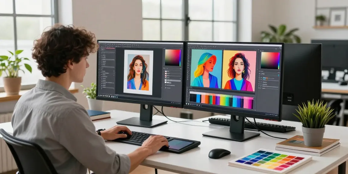 Professional graphic designer using image to image techniques in a modern workspace
