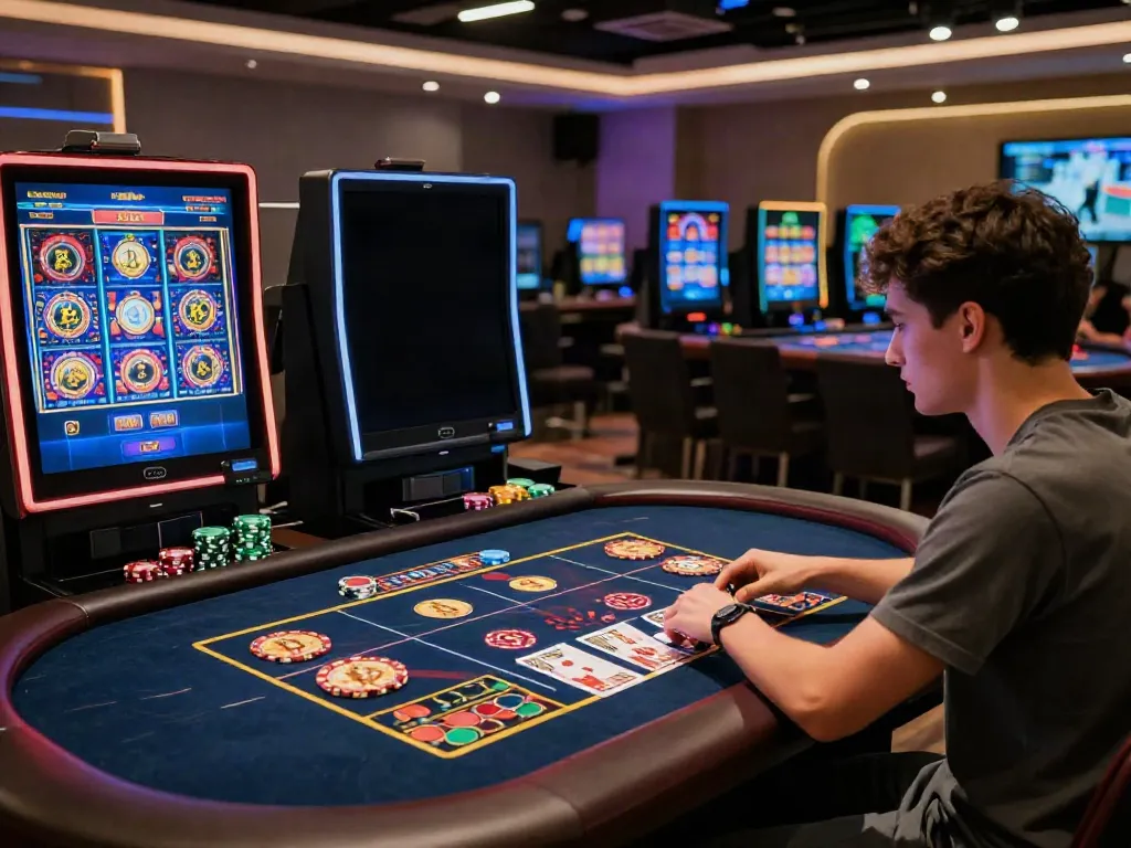 Engaged player at a Bitcoin casino showing colorful slot machines and virtual tokens.