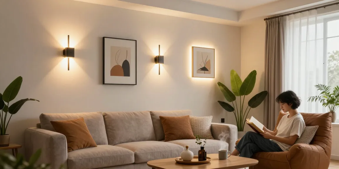 Aplica LED moderne în living cu lumină caldă, atmosferă relaxantă.