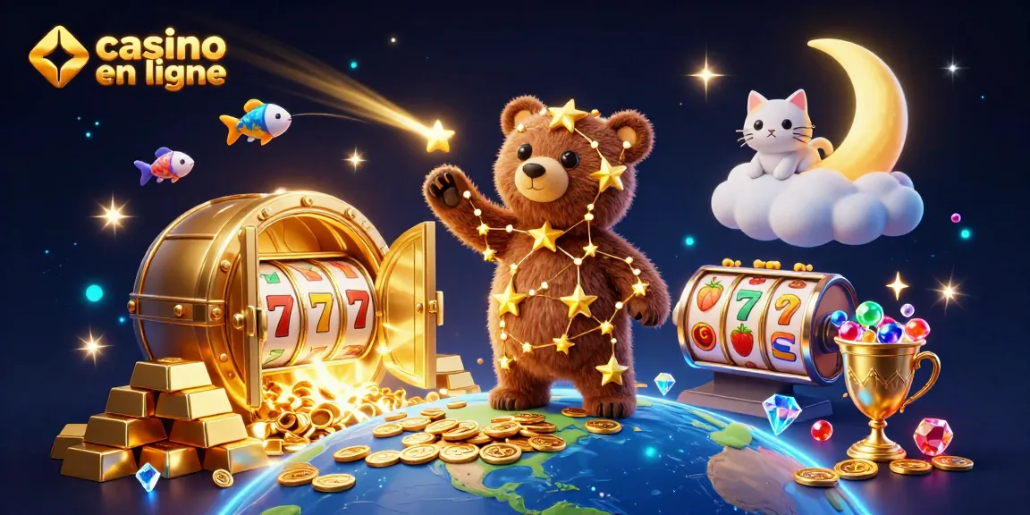 Jouez aux machines à sous dans un casino en ligne avec des personnages animés et des trésors éclatants.