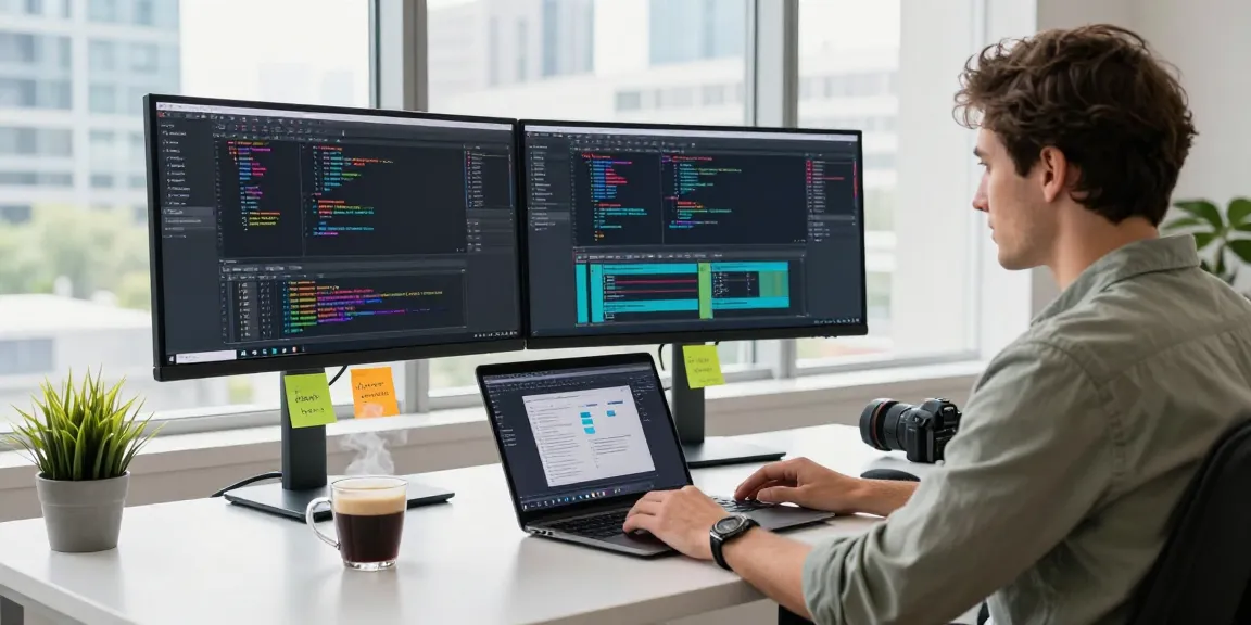 快连 offers a vibrant tech workspace scene with a developer coding in a modern office.