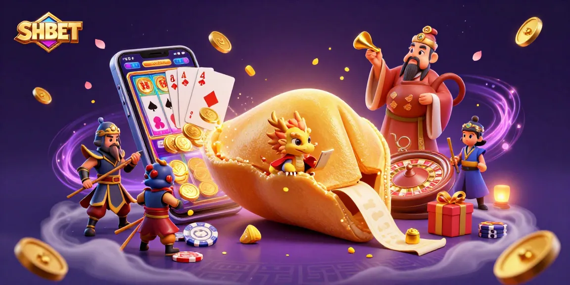 Experience the fun of SHBET with a vibrant scene featuring a golden cookie character amidst a slot game adventure.