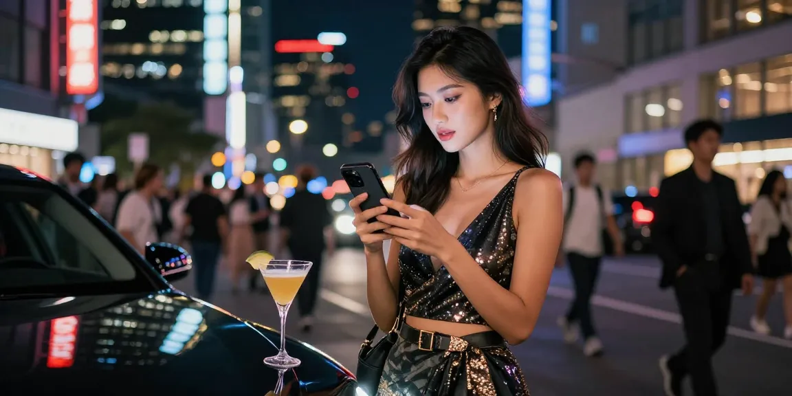 Gái gọi trong khung cảnh phố đêm lấp lánh với thành phố và ánh đèn neon.