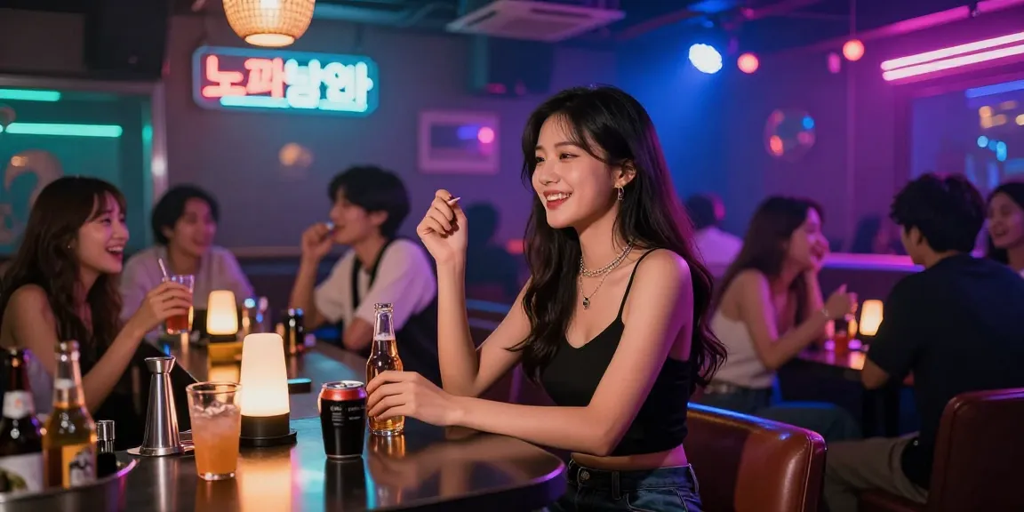 노래방밤알바로 일하는 젊은 여성, 활기찬 바에서 고객과 소통하는 모습