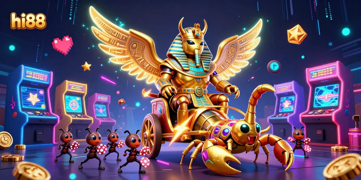 Engage with thrilling casino games at hi88 featuring a golden scarab beetle in an electrifying chariot.