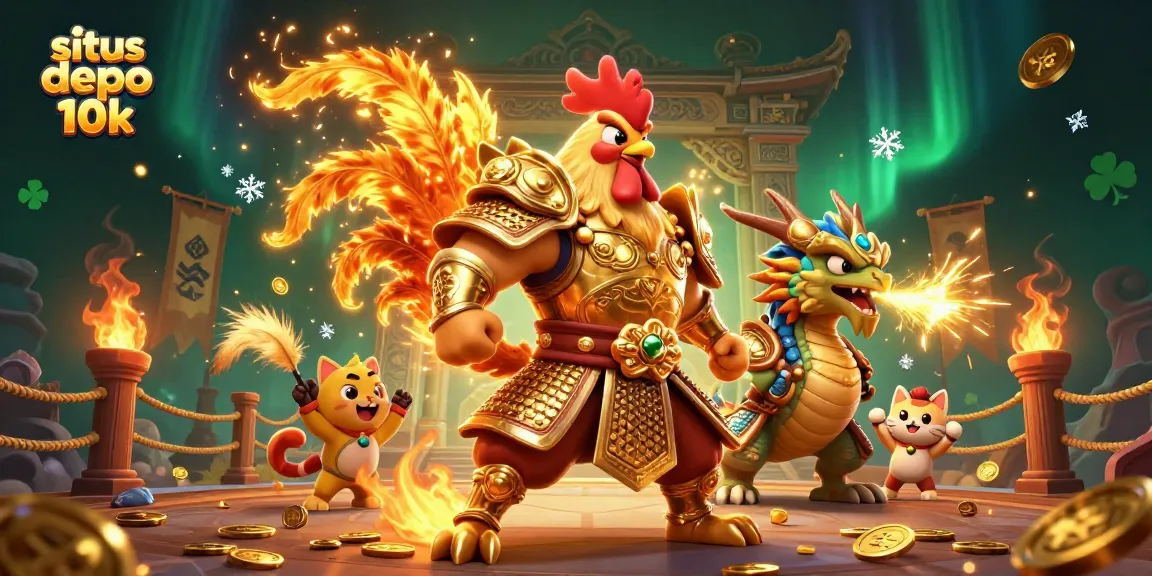 Engage in thrilling gameplay and win at situs depo 10k with vibrant 3D illustration of warriors and dragons.