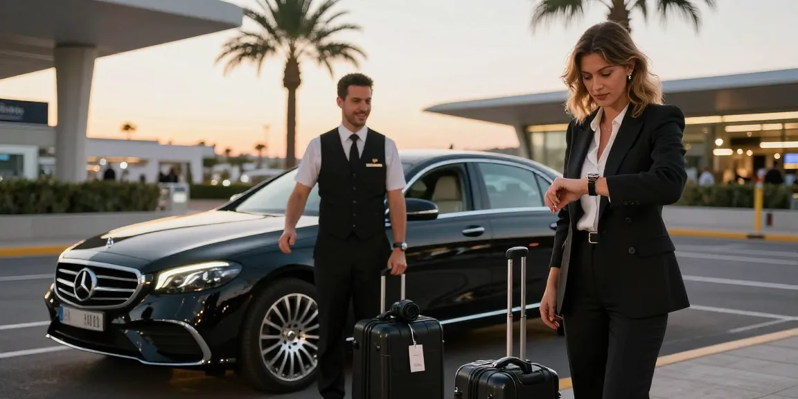 Transfert privé Nice Cannes avec un chauffeur élégant attendant un client à l'aéroport.