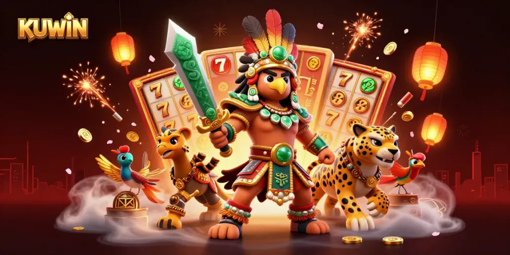 KUWIN showcases dynamic 3D casino action with Aztec warriors and vibrant game elements.