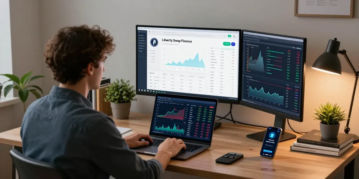 Efficient workspace with cryptocurrency analyst reviewing libertyswap transactions and market data in a professional home office.