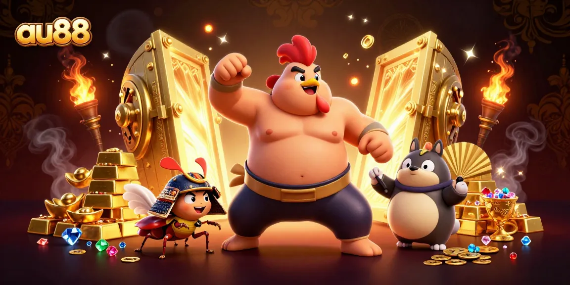 Experience thrilling action at au88 with sumo wrestlers and treasures in this vibrant casino scene.