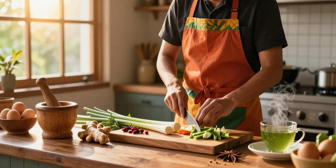 Chef preparing fresh Thai dishes with ginger and lemongrass in a vibrant kitchen.