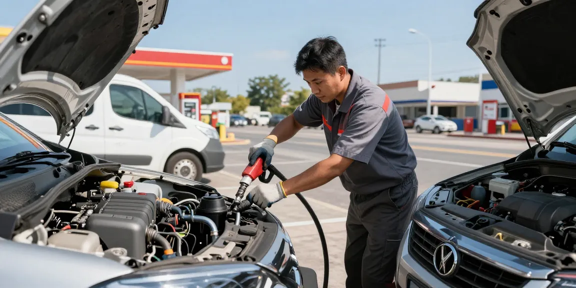 Wrong fuel in car service with technician draining fuel roadside.