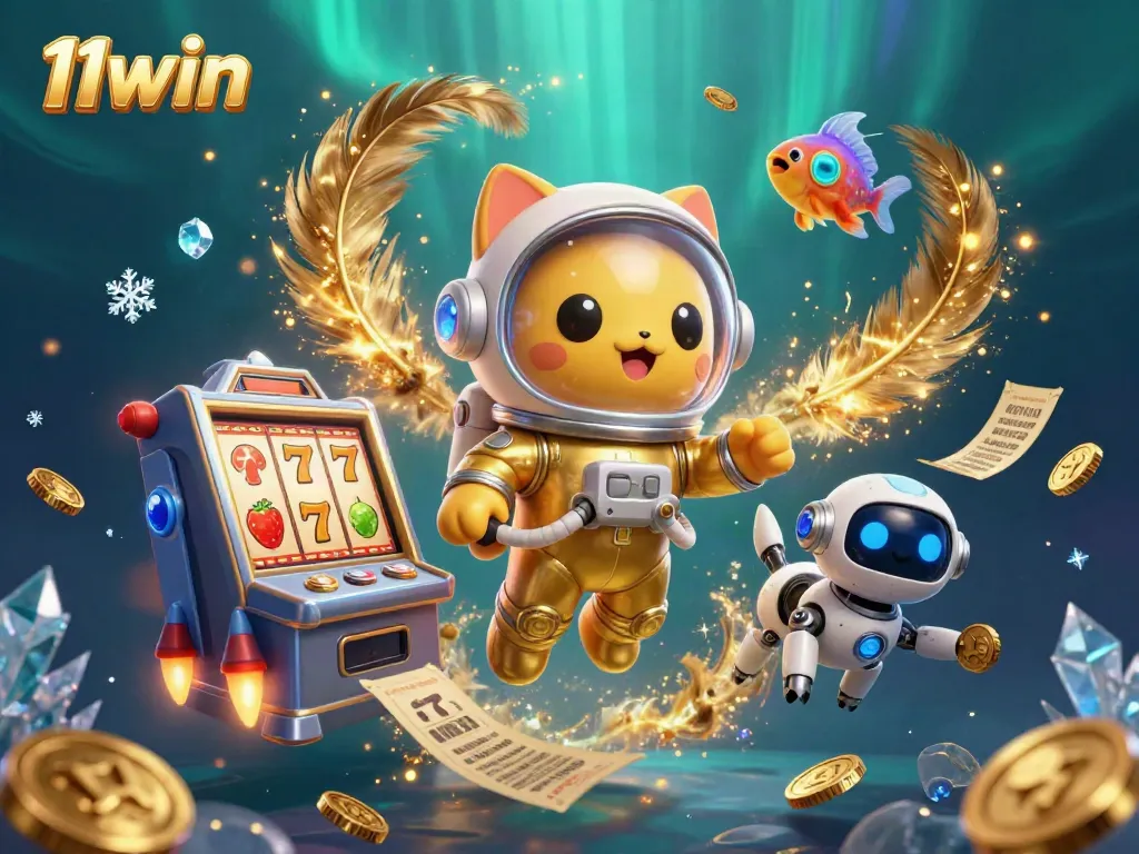 Experience thrilling gameplay with 11win as an astronaut cat plays slots in a vibrant casino scene.